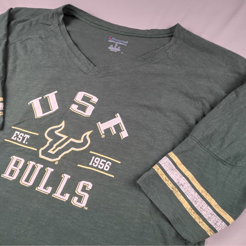 Champion USF Bulls Womens XL V Neck 3/4 Sleeve Green Shirt NCAA College Football